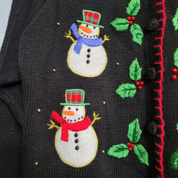 VTG Ship N Shore Christmas Cardigan Sweater Snowman Holly Beaded Embroidered XL - Picture 2 of 9